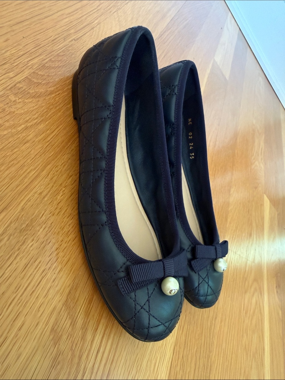 Dior Navy Quilted Ballet Flats with Bow and Pearl - Picture 5 of 11